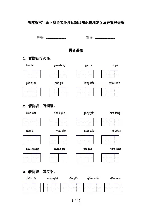 湘教版六年级下册语文小升初综合知识整理复习及答案完美版