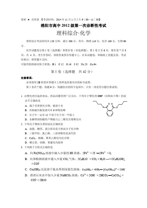 2015届绵阳市高三“一诊”试题及答案