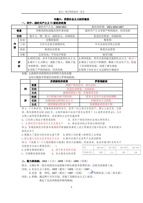 高中历史必修二专题六-七：苏联社会主义经济建设