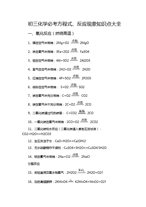 初三化学必考方程式、反应现象知识点大全