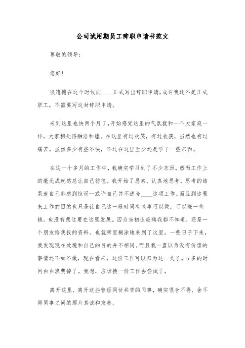 公司试用期员工辞职申请书范文(8篇)