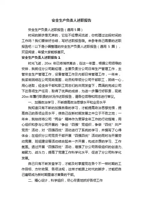 安全生产负责人述职报告（通用5篇）