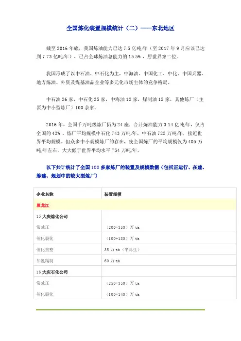 全国炼化装置规模统计表(二)——东北地区