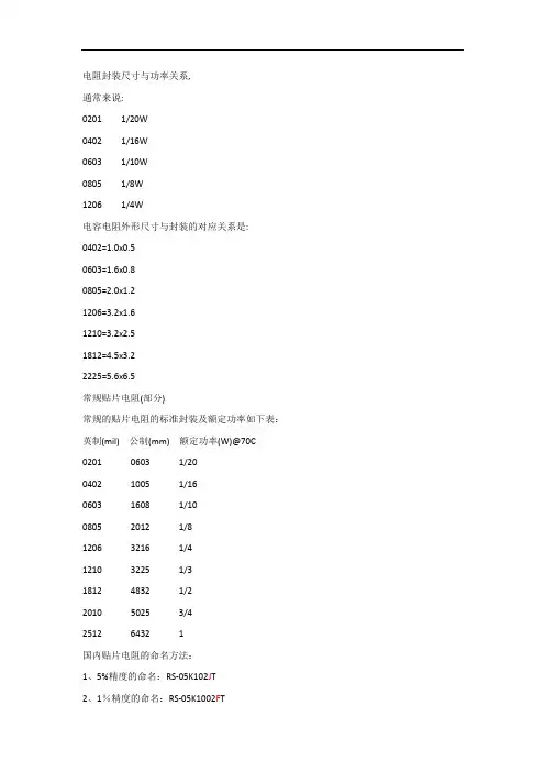 电阻封装尺寸与功率关系