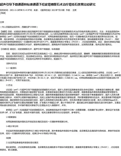 超声引导下微通道和标准通道下经皮肾镜取石术治疗肾结石效果比较研究
