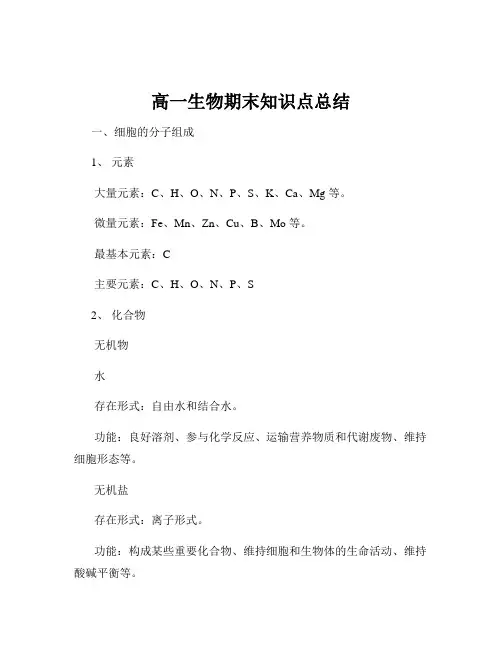 高一生物期末知识点总结