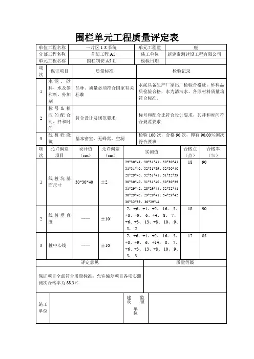 围栏单元工程质量评定表1