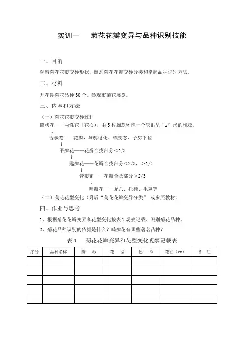 实训一菊花花瓣变异与品种识别技能