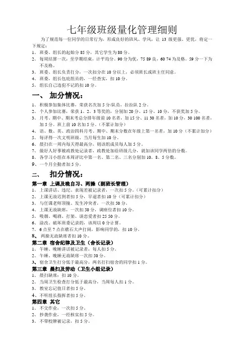 七年级班级量化管理细则(班规)