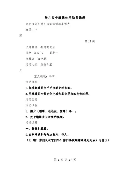 幼儿园中班集体活动备课表（2篇）