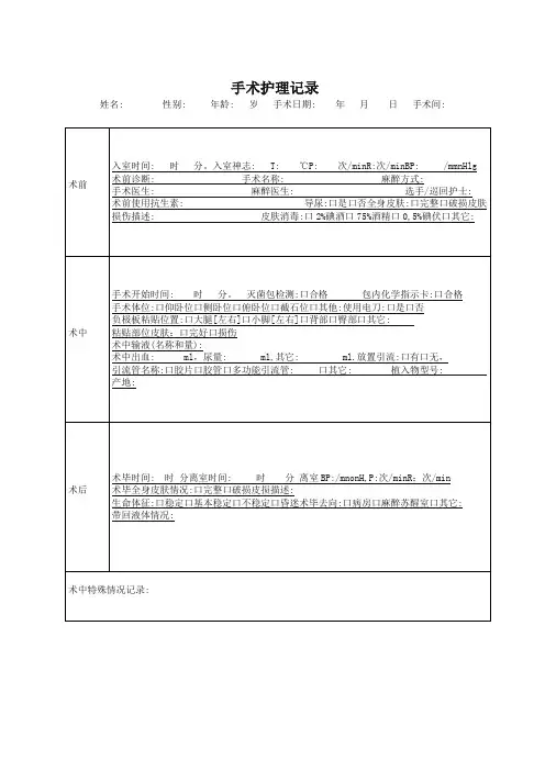 医疗机构医院手术护理记录表