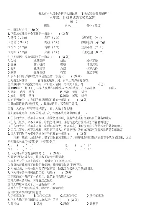 衡水市六年级小升初语文测试卷(8套试卷带答案解析)