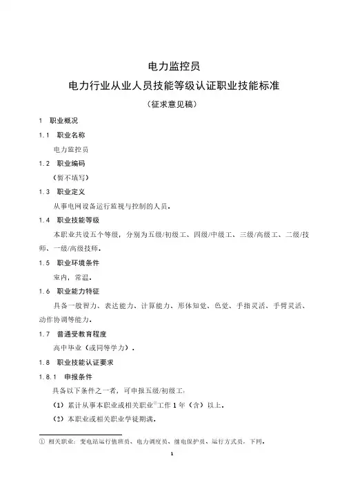电力行业从业人员技能等级认证职业技能标准