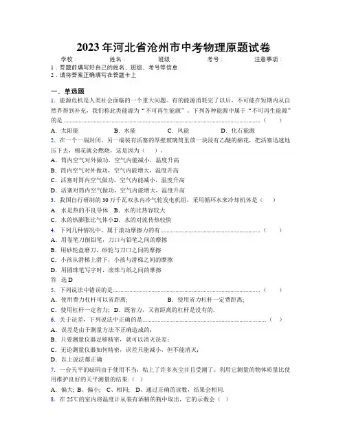2023年河北省沧州市中考物理原题试卷附解析