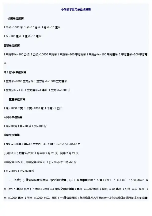 小学数学1到6年级常用单位换算表