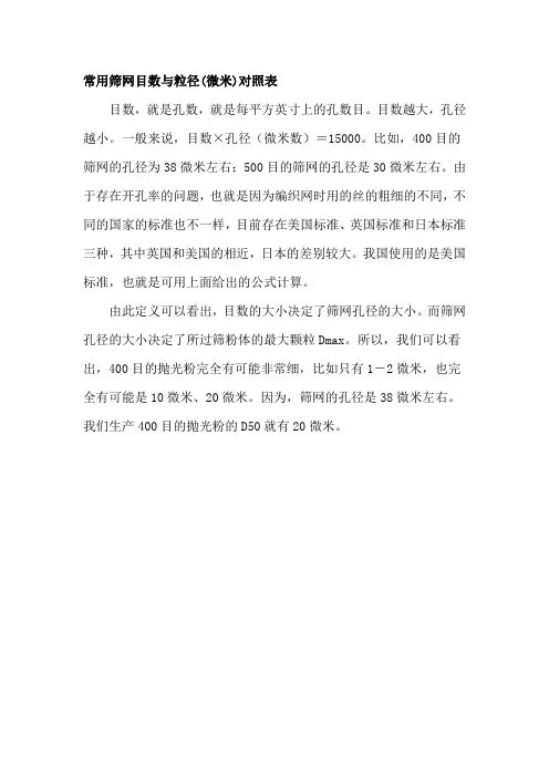 常用筛网目数与粒径