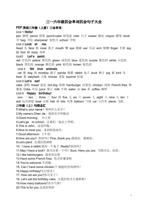 人教版小学英语3—6年级四会单词句子大全