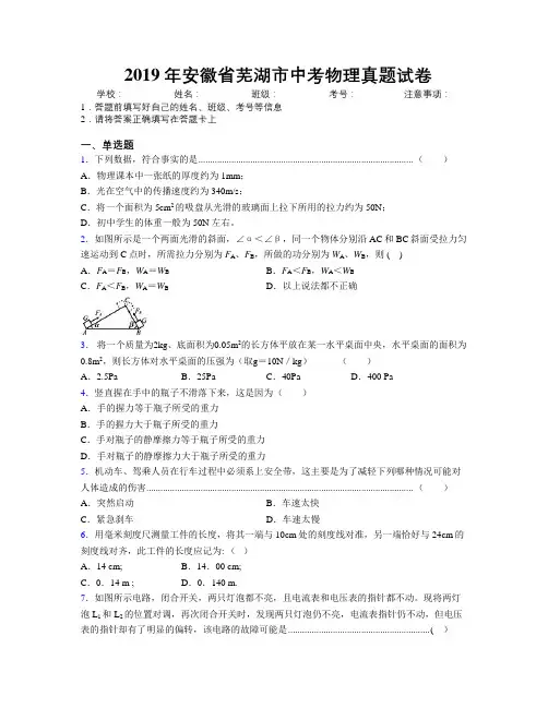 最新2019年安徽省芜湖市中考物理真题试卷及解析