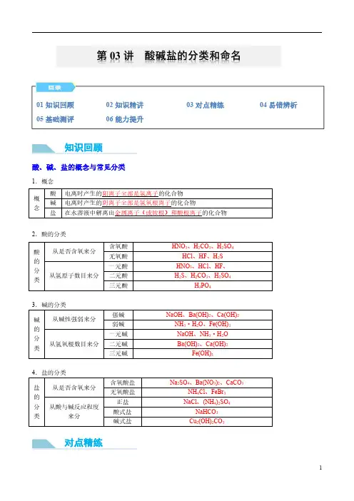 第03讲 酸碱盐的分类和命名-2024年初升高化学衔接讲义(人教版2019)(教师版)