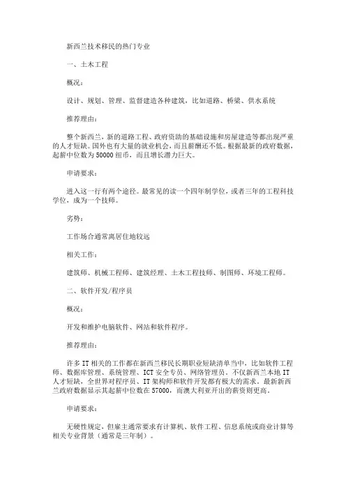 新西兰技术移民的热门专业(最新)