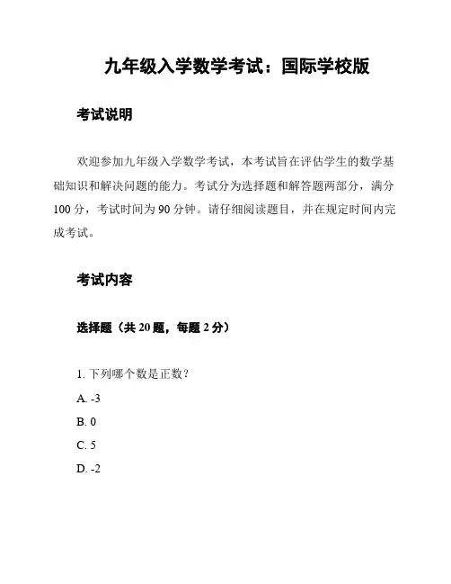九年级入学数学考试：国际学校版