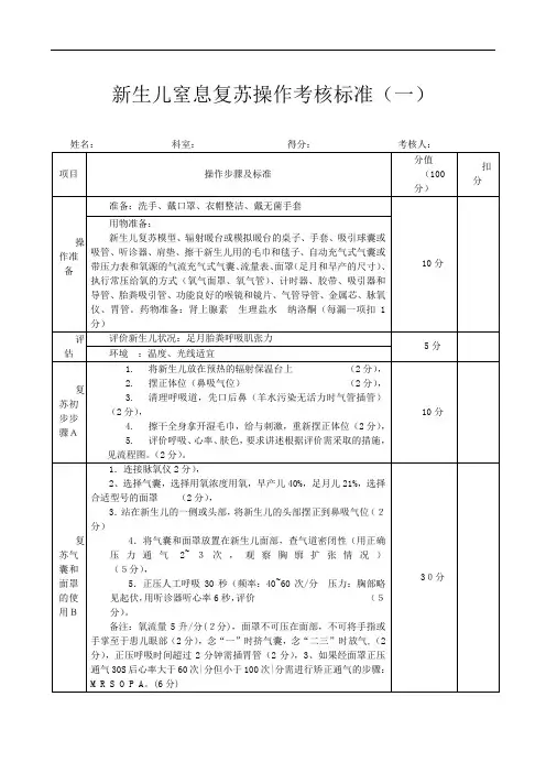 新生儿窒息复苏操作考核标准