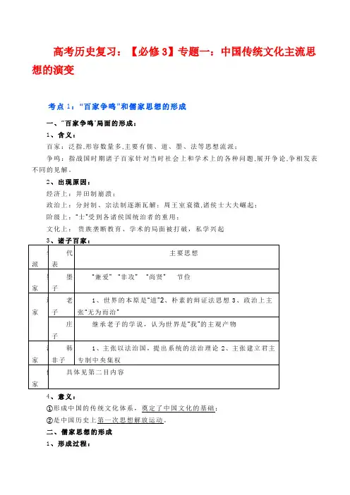 专题一+中国传统文化主流思想的演变+知识清单 高考历史一轮复习