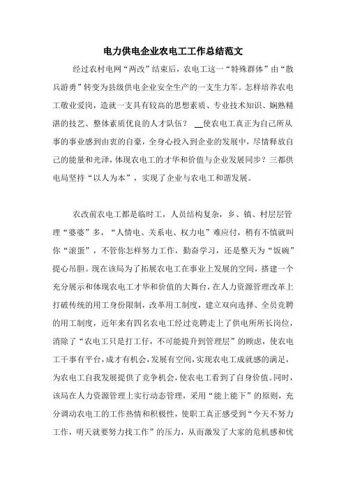 2020年电力供电企业农电工工作总结范文