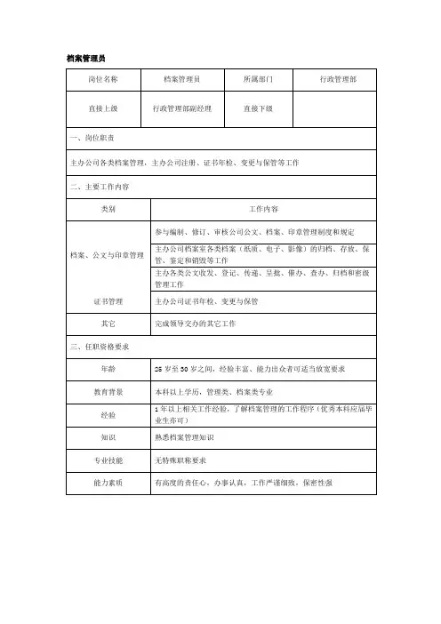 档案管理员岗位说明书