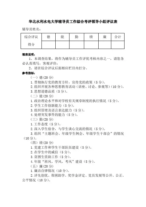华北水利水电大学辅导员工作综合考评领导小组评议表