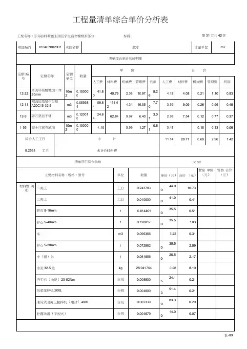 工程量清单综合单价分析表说课讲解