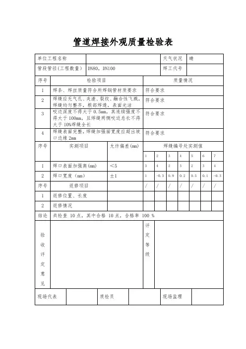 管道焊接外观质量检验表
