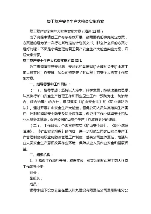 复工复产安全生产大检查实施方案