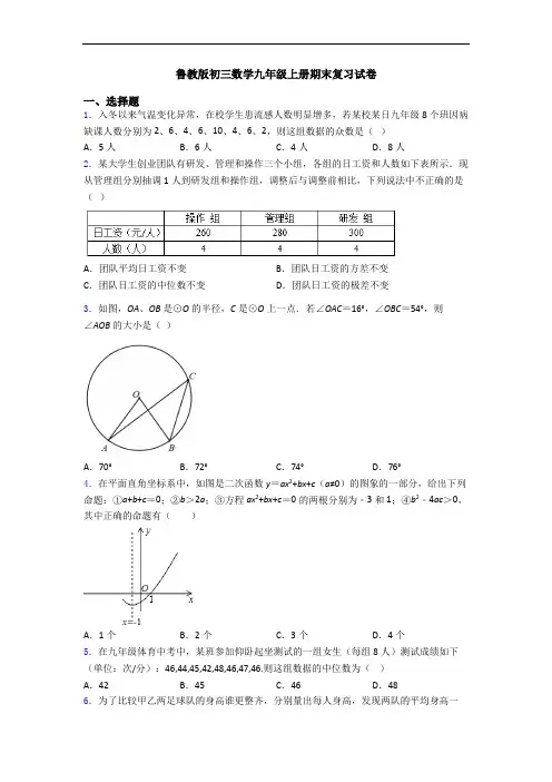 鲁教版初三数学九年级上册期末复习试卷