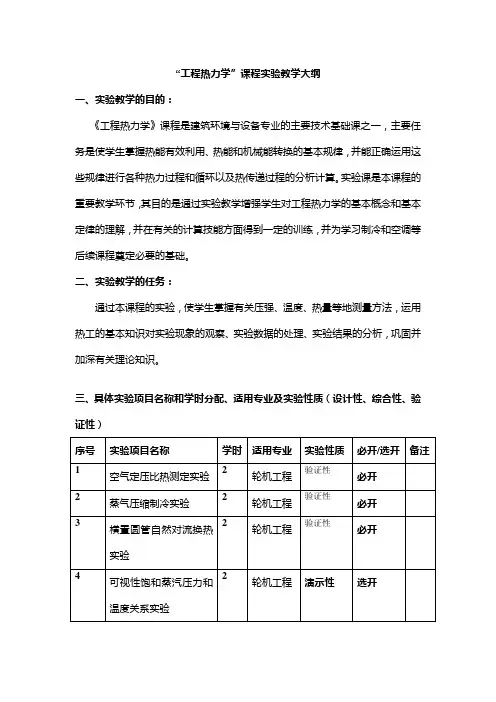 “工程热力学”课程实验教学大纲
