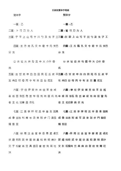 起名繁体字笔画对照表