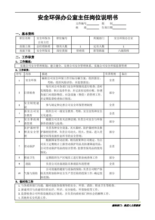 安全环保办公室主任岗位说明书