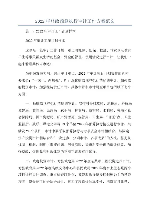 2022年财政预算执行审计工作方案范文