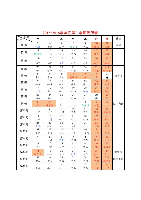 2017-2018学年度第二学期周历表