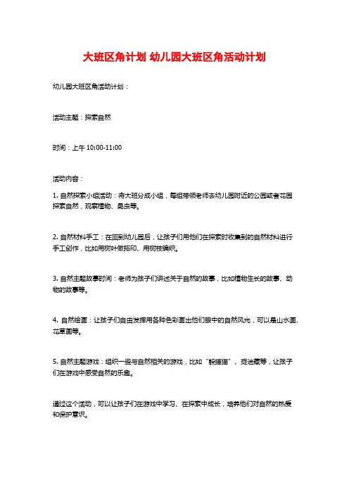 大班区角计划 幼儿园大班区角活动计划