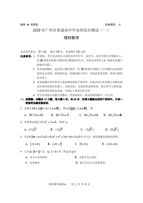 2020届广州市普通高中毕业班高三理科数学综合测试(一)含答案