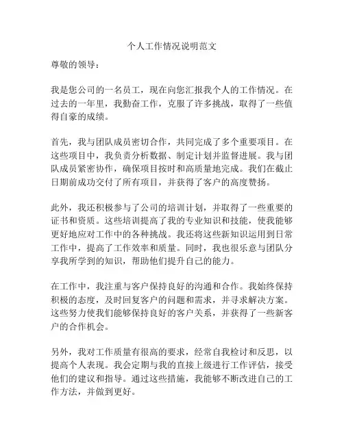 个人工作情况说明范文