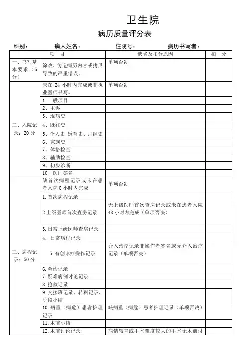 病历质量评分表