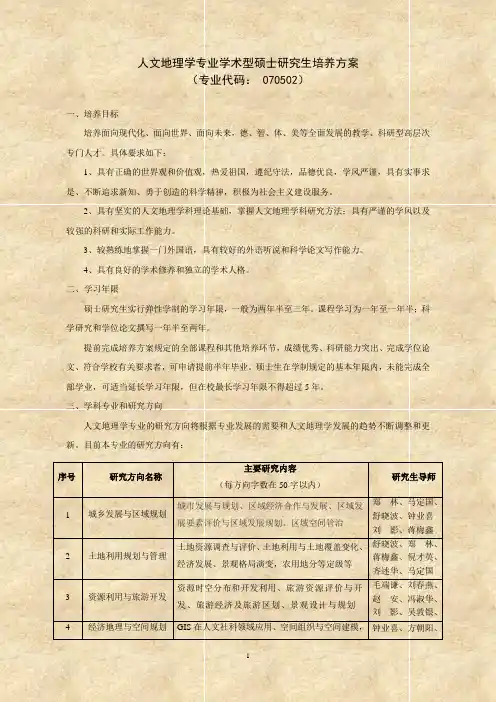 人文地理学专业学术型硕士研究生培养方案 (专业代码 070502)