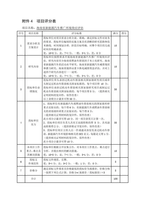 项目评分表范表