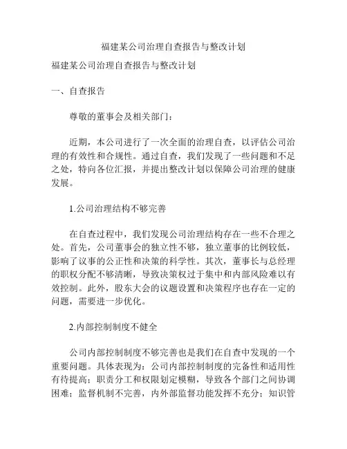 福建某公司治理自查报告与整改计划