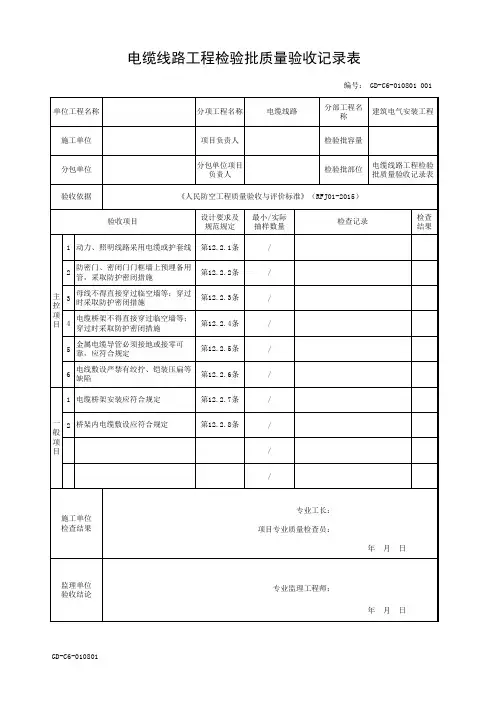 电缆线路工程检验批质量验收记录表