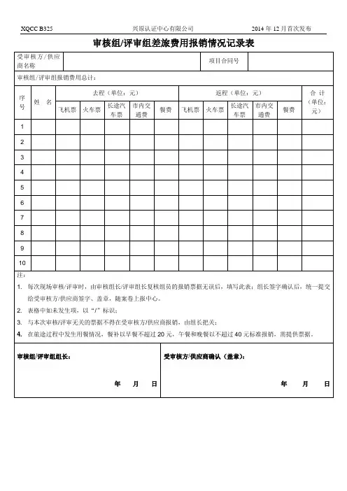 《审核组、评审组差旅费用报销情况记录表》