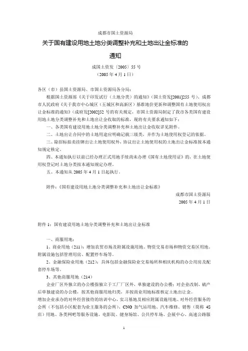 成都市国土资源局关于国有建设用地土地分类调整补充和土地出让金标准的通知(成国土资发〔2005〕55号,2005