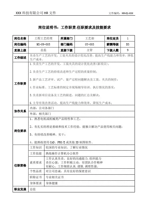 工程工艺经理岗位说明书工作职责和任职要求